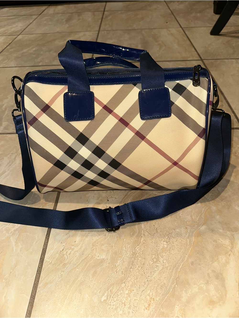 Vintage Navy Burberry Bicolor Nova Check Medium Bowling Tote Bag - Picture 5 of 10
